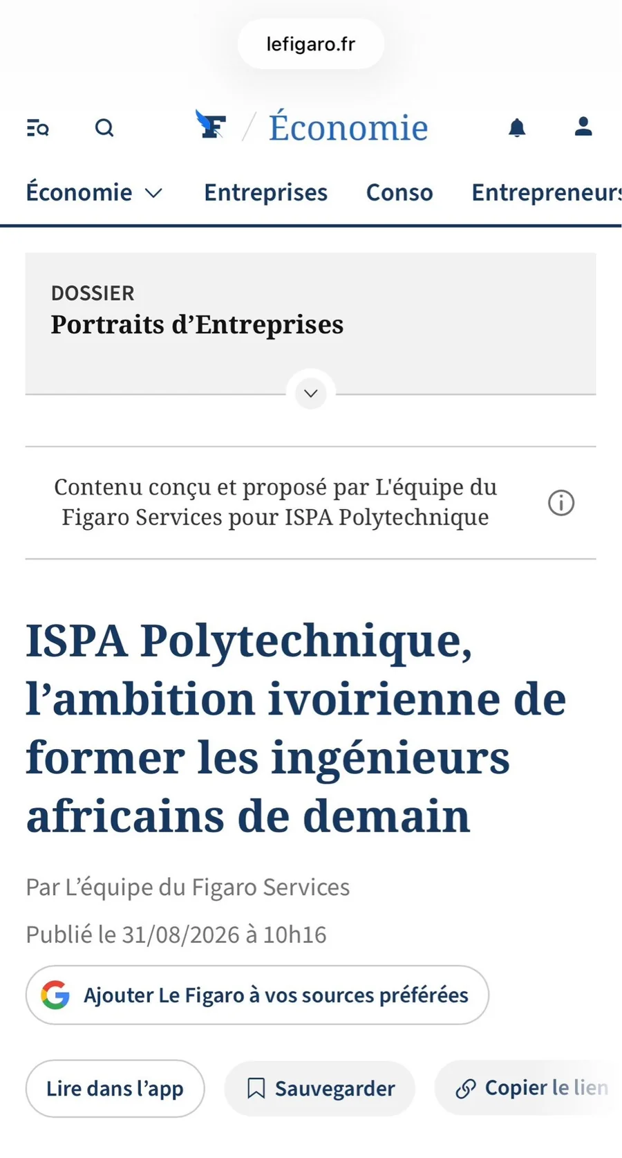 Capture de la publication du Figaro consacrée à ISPA Polytechnique